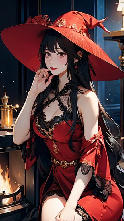 One woman、witch、((Luxurious room with fireplace))chandelier、Crimson long dress、Big feathered hat、Tall、Garter Stockings、Black und...
