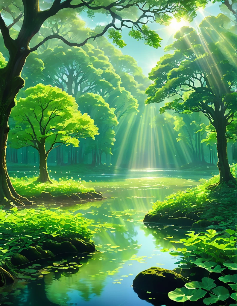 **Prompt:** A serene, verdant scene inspired by Pixiv anime style. Picture a lush big dark oak forest with a rich tapestry of green hues, where the trees gently drape their leafy branches toward the earth. In the center, an isolated colossal oak tree stands majestically on a small grassy island within a tranquil lake. The water around the island reflects the deep greens of the surrounding forest, creating a sense of peace and isolation. Sunlight streams through the canopy, casting radiant beams of light that pierce through the fog, which gently swirls around the base of the trees and the surface of the lake. The background is enhanced with a soft bokeh effect, giving the entire scene a dreamy, ethereal quality. The light filters through the oak branches, casting delicate, intricate patterns on the forest floor and the shimmering lake surface.