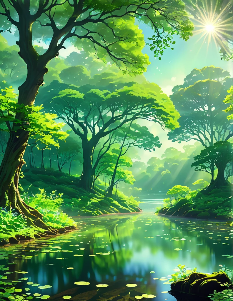 **Incitar:** um sereno, cena verdejante inspirada no estilo anime Pixiv. Imagine uma grande e exuberante floresta de carvalhos escuros com uma rica tapeçaria de tons verdes, onde as árvores pendem suavemente seus galhos frondosos em direção à terra. no centro, um carvalho colossal isolado ergue-se majestosamente em uma pequena ilha gramada dentro de um lago tranquilo. A água ao redor da ilha reflete o verde profundo da floresta circundante, criando uma sensação de paz e isolamento. A luz solar flui através do dossel, lançando raios radiantes de luz que atravessam a neblina, que gira suavemente em torno da base das árvores e da superfície do lago. O fundo é aprimorado com um efeito bokeh suave, dando a toda a cena um ar sonhador, qualidade etérea. A luz é filtrada pelos galhos do carvalho, fundição delicada, padrões intrincados no chão da floresta e na superfície cintilante do lago.