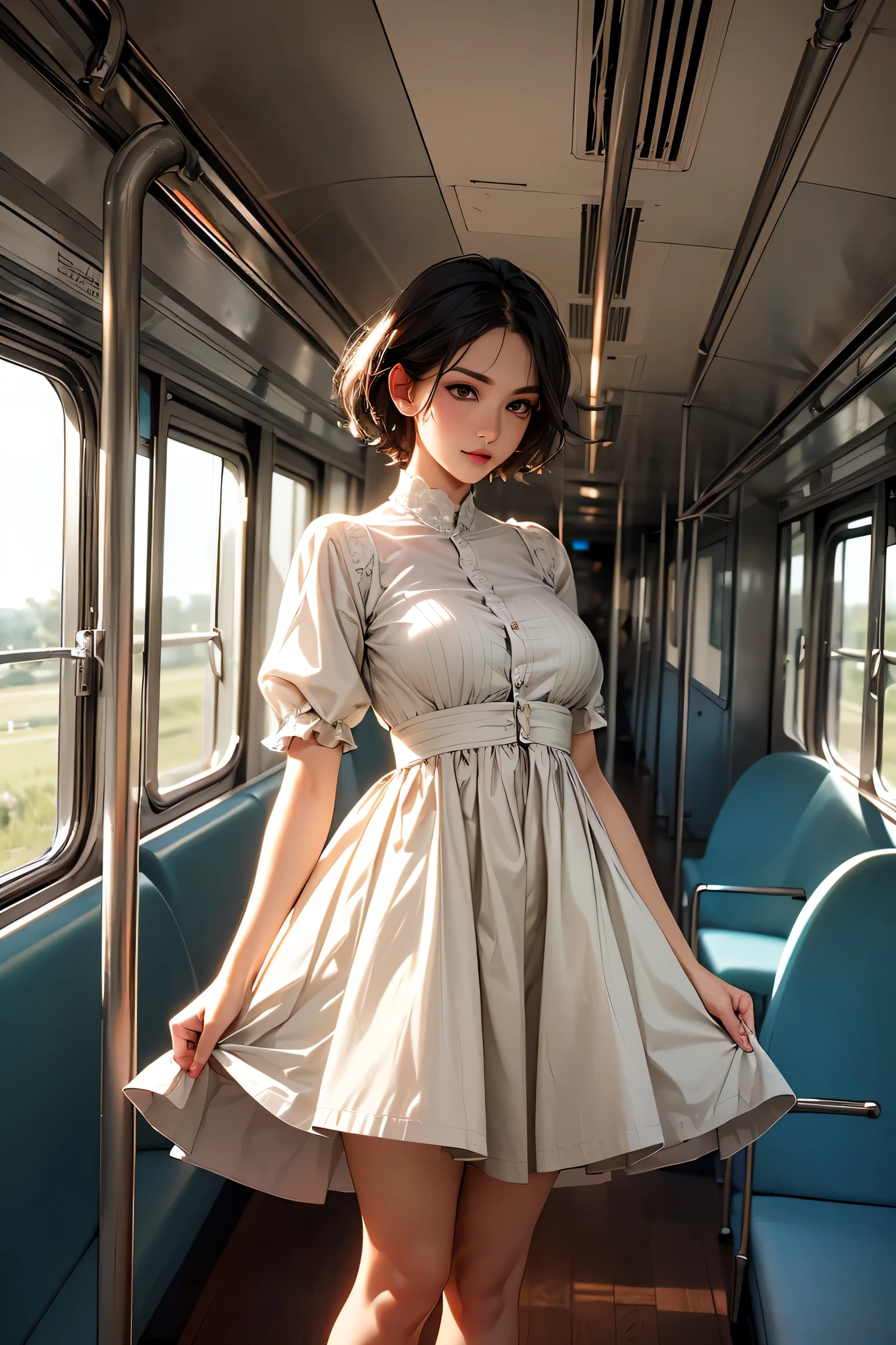(masterpiece, best quality, high resolution ,Beautiful Female short hair , ,dress, inside train