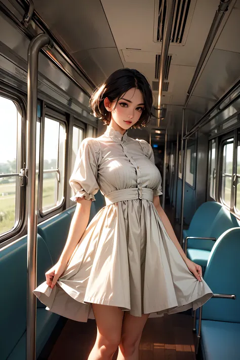 (masterpiece, best quality, high resolution ,beautiful female short hair , ,dress, inside train