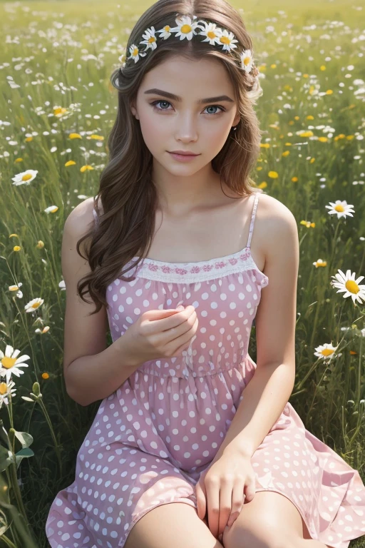 A girl with flowers in her hands, fortune-telling with a daisy, a 16-year-old girl, Russian girl, sitting in a meadow with daisies, light polka dot sundress, makeup artists doing makeup for celebrities, (best quality, 4k, 8k, highres, masterpiece:1.2), ultra-detailed, (realistic, photorealistic, photo-realistic:1.37), oil painting, extremely detailed eyes and face, long eyelashes, portraits, vivid colors, soft natural lighting