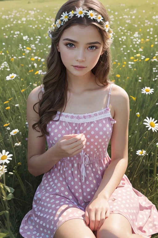 A girl with flowers in her hands, fortune-telling with a daisy, a 16-year-old girl, Russian girl, sitting in a meadow with daisies, light polka dot sundress, makeup artists doing makeup for celebrities, (best quality, 4k, 8k, highres, masterpiece:1.2), ultra-detailed, (realistic, photorealistic, photo-realistic:1.37), oil painting, extremely detailed eyes and face, long eyelashes, portraits, vivid colors, soft natural lighting