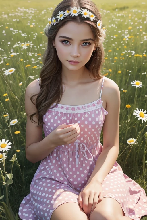 A girl with flowers in her hands, fortune-telling with a daisy, a 16-year-old girl, Russian girl, sitting in a meadow with daisies, light polka dot sundress, makeup artists doing makeup for celebrities, (best quality, 4k, 8k, highres, masterpiece:1.2), ultra-detailed, (realistic, photorealistic, photo-realistic:1.37), oil painting, extremely detailed eyes and face, long eyelashes, portraits, vivid colors, soft natural lighting