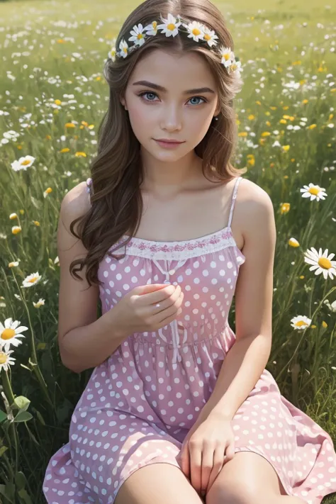 A girl with flowers in her hands, fortune-telling with a daisy, a 16-year-old girl, Russian girl, sitting in a meadow with daisi...