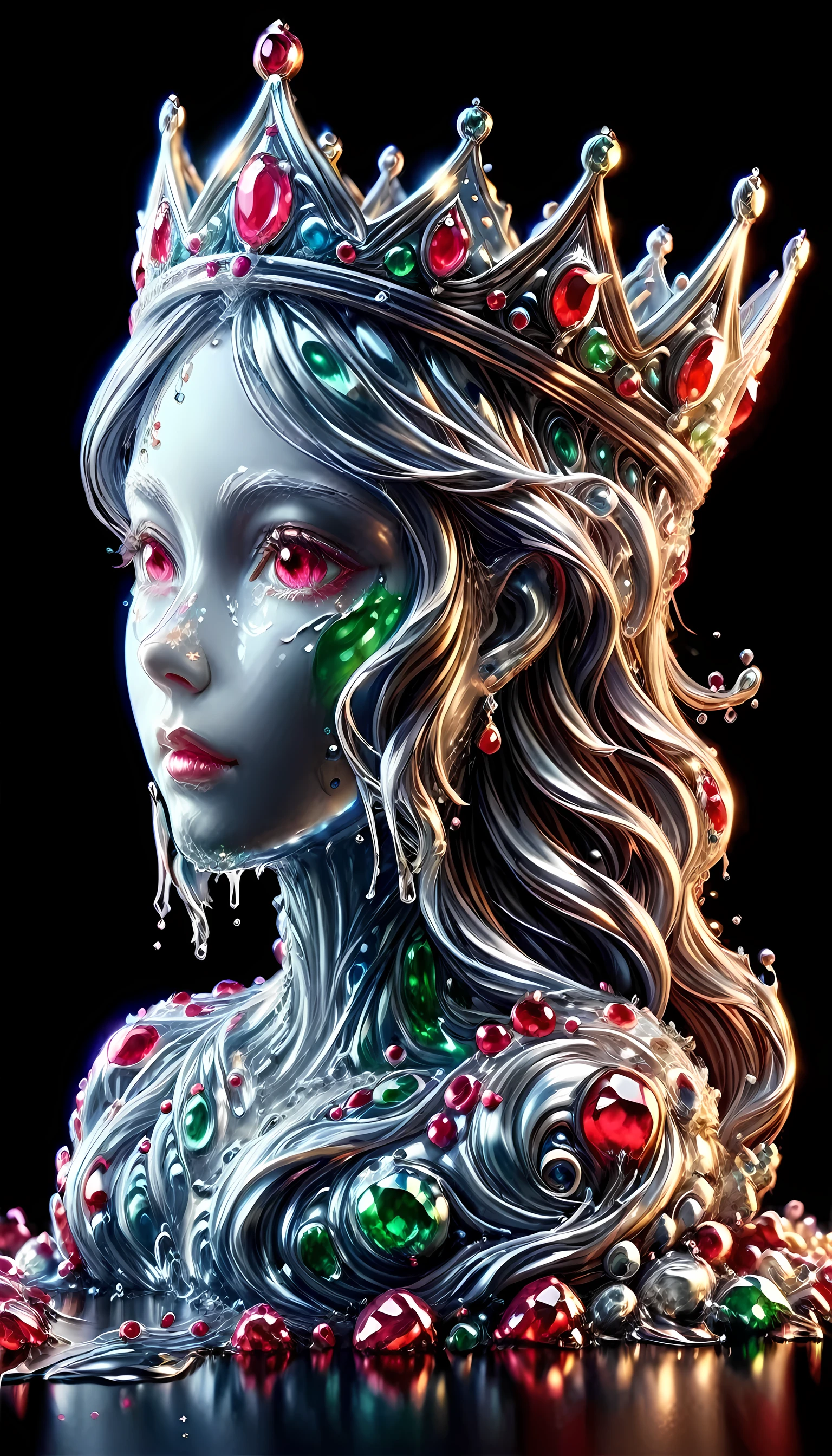 (liquid metal art: 1.5) LIQUID METAL a picture of jeweled crown ( (masterpiece, best detailed, best quality: 1.4), the crown is made from (gold: 1.2), (silver: 1.3), there are golden swirls watce, ( (masterpiece, best detailed, best quality: 1.2), there are silver swirls watce ( (masterpiece, best detailed, best quality: 1.2),  it is encrusted and decorated with (rubies: 1.3), emeralds: 1.3) and (opals: 1.3), dynamic background, close range picture,  ultra wide shot, photorealism, depth of field, hyper realistic, ral-ntrgmstn, watce, metallic, ais-moltenz