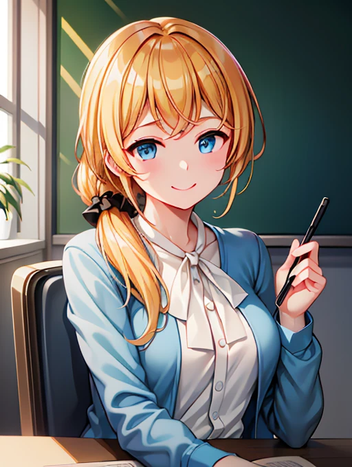 high resolution、High definition、high quality、Masterpiece、1 female、Ellen Baker、School teacher、Blonde、Blue Eyes、Light blue suit、School classroom、Cute pose、blackboard、smile、((Depiction of only the upper body))、((Woman close up))