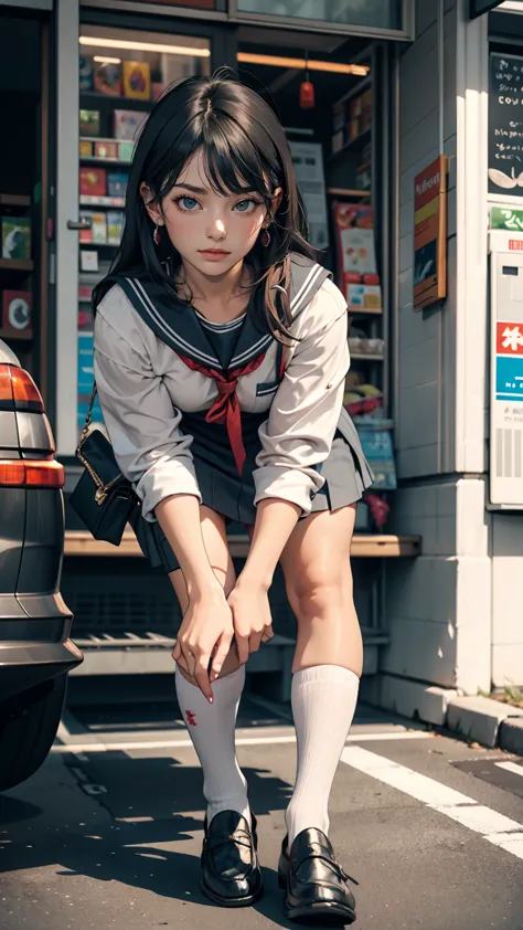 Japanese 、mini skirt、loafers、Sailor suit、In the parking lot in front of the convenience store、Crouching