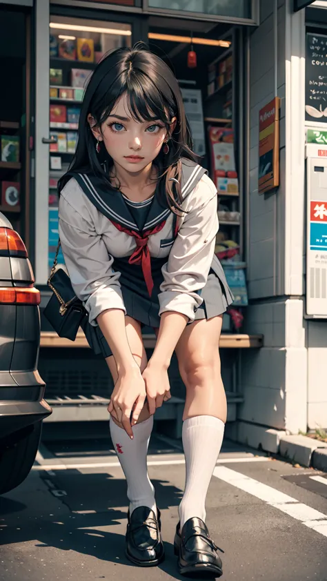 japanese 、mini skirt、loafers、sailor suit、in the parking lot in front of the convenience store、crouching