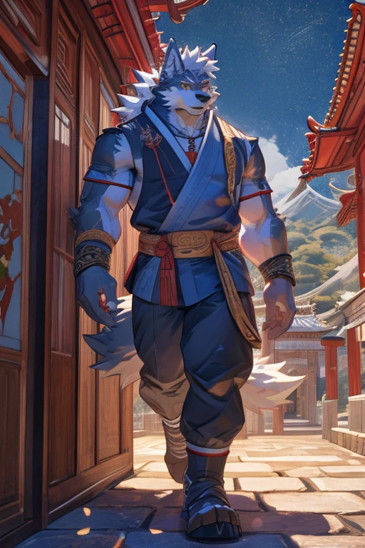 Wearing the God of Money's red hat, Ancient Chinese style,The God of wealth in China,The Chinese God of Wealth suit,furry,gray wolf,long hair,white hair,white eyebrows, wolf boy,stand,sunshine, furry boy,furry,particles, blue glowing,detailed background,photorealistic,8k hd,dark shadows, wide dynamic range,1boy,solo,muscular male,hi res,8k hd,extreme detail,detailed background,masterpiece,muscular,muscular anthro,looking at viewer,gray fur,gray body,tonyhair,white hair,sideburns,wristband,trousers,golden eyes,wolf eyes,claw,facial hair