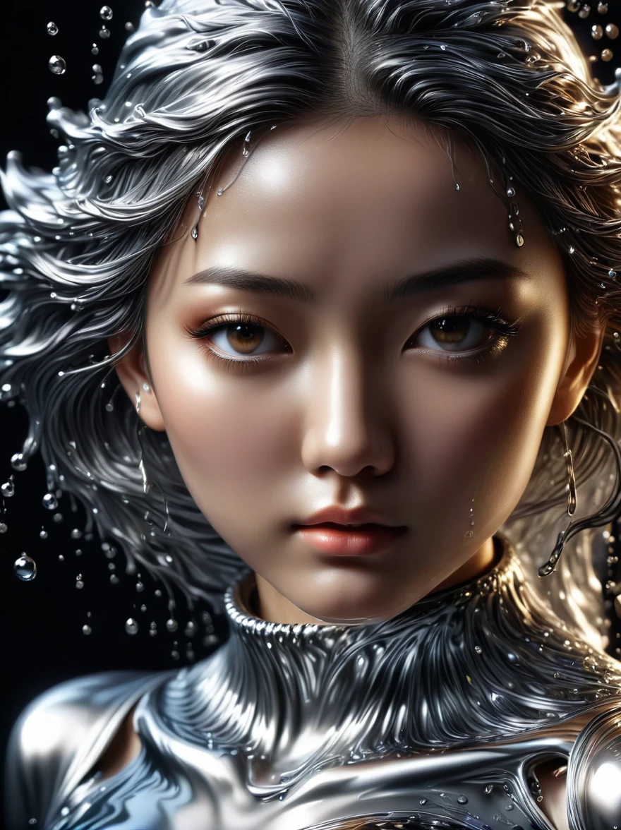 1girl, (Made of liquid metal:1.5)，Metal water droplets，Dripping，Liquid Metal Rain Drops，Liquid Metal Rain，Metal Rain，Beautiful detailed eyes，Beautiful detailed lips，Very detailed eyes and face，Long eyelashes，Flowing metal,Metallic luster，Reflective surface，Dynamic poses，Dramatic light，Dark background，The art of math，Concept Art，light，Dramatic light，3D Rendering，Hyperrealism，detailed，metallic feel，Luminescence，Soft light，Dynamic composition，Dramatic composition，(Best quality，8K，high resolution，masterpiece:1.2)，Super detailed，(Reality, 1.4 times more realism), Dramatic light，Physically Based Rendering，(Extremely detailed description)，Super fine，major，Vibrant colors，blur background