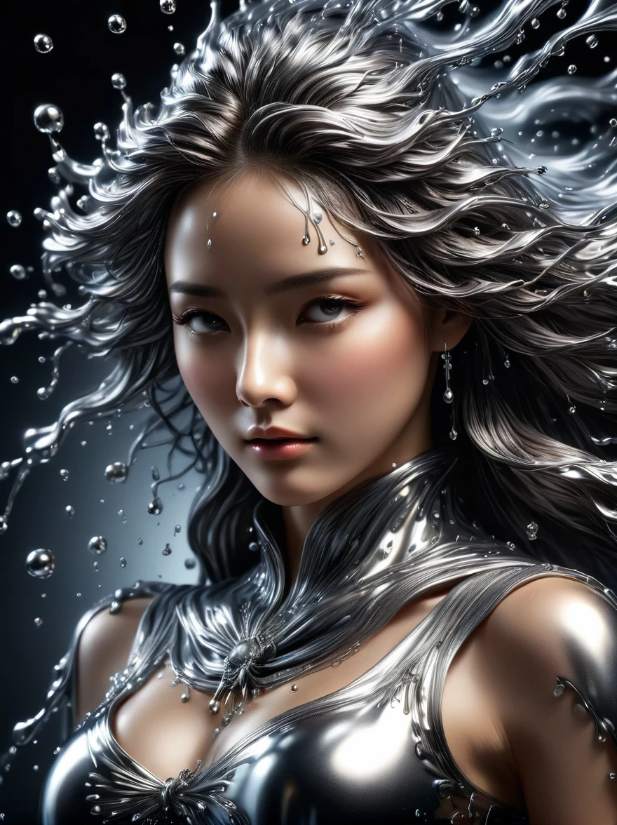 1girl, (Made of liquid metal:1.5)，Metal water droplets，Dripping，Liquid Metal Rain Drops，Liquid Metal Rain，Metal Rain，Beautiful detailed eyes，Beautiful detailed lips，Very detailed eyes and face，Long eyelashes，Flowing metal,Metallic luster，Reflective surface，Dynamic poses，Dramatic light，Dark background，The art of math，Concept Art，light，Dramatic light，3D Rendering，Hyperrealism，detailed，metallic feel，Luminescence，Soft light，Dynamic composition，Dramatic composition，(Best quality，8K，high resolution，masterpiece:1.2)，Super detailed，(Reality, 1.4 times more realism), Dramatic light，Physically Based Rendering，(Extremely detailed description)，Super fine，major，Vibrant colors，blur background