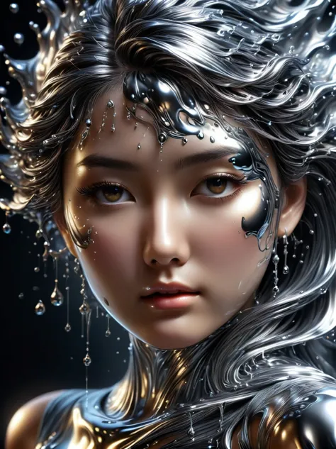1girl, (Made of liquid metal:1.5)，Metal water droplets，Dripping，液态Metal Rain滴，下液态Metal Rain，Metal Rain，美丽detailed的眼睛，美丽detailed的...