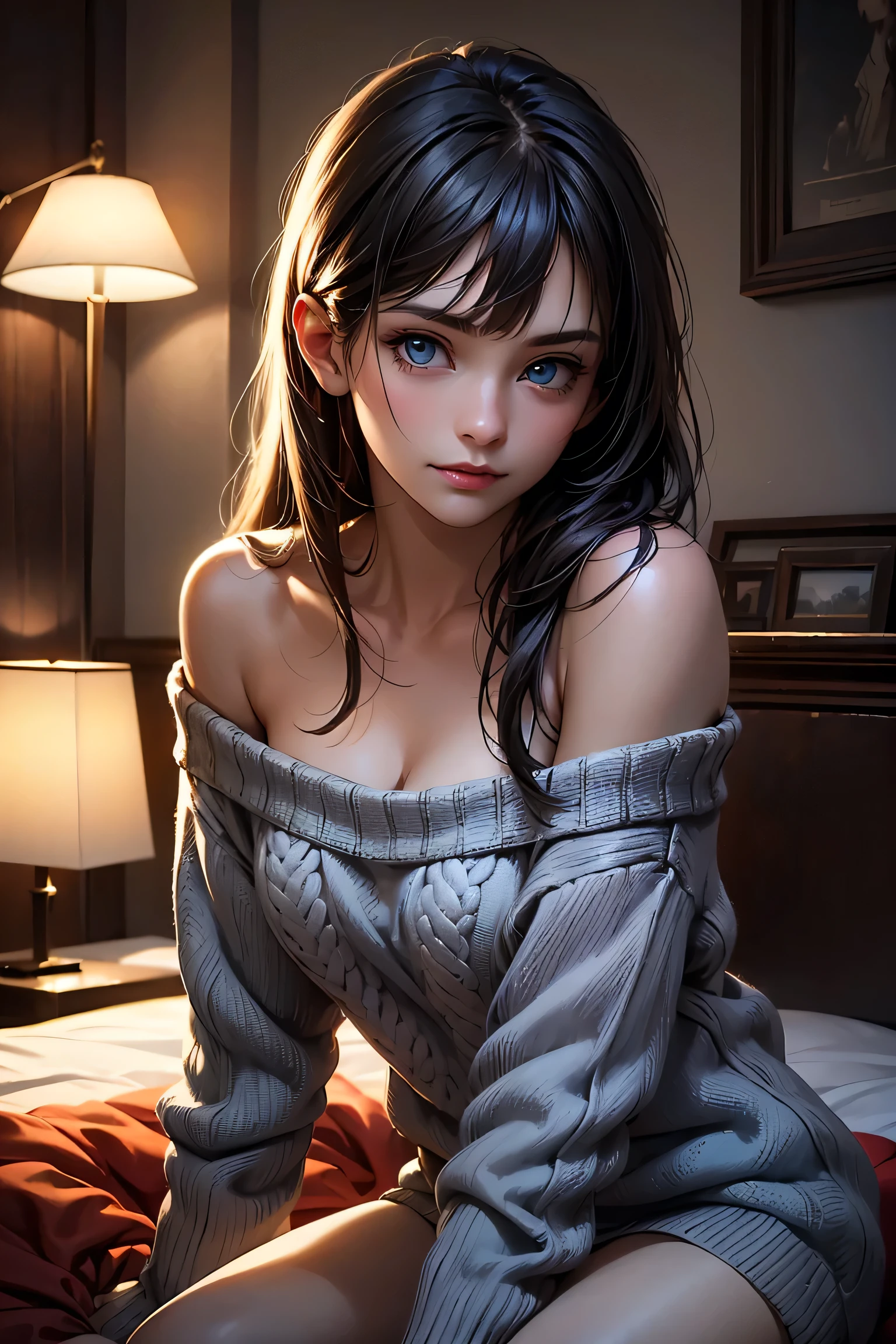 Masterpiece, best quality, high resolution, ultra detailed, slight smile, a woman long dark hair with bangs, light blue eyes, a beautiful girl looking at the camera, Frontal view, ((off-the-shoulder light red sweater,)) bare legs, night, warm interior room, image illuminated by a small lamp, depth of field, (half body: 0.6),