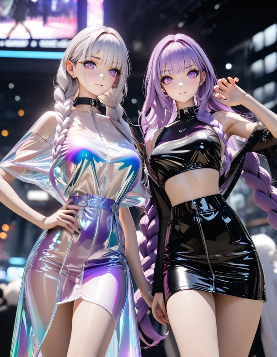best quality,masterpiece, 2 girls claw pose, yinji, purple hair, purple eyes, long hair, white hair, double braids, gradient hair, Refined and elegant, 3D Rendering, Transparent PVC clothing,Transparent colored vinyl garment,Prismatic,holographic,Chromatic Aberration,Fashion Illustration,looking at the audience,pixiv,movie lighting, Very detailed, Clear focus. (The background is a bustling city night scene) ,perfect work of art, 