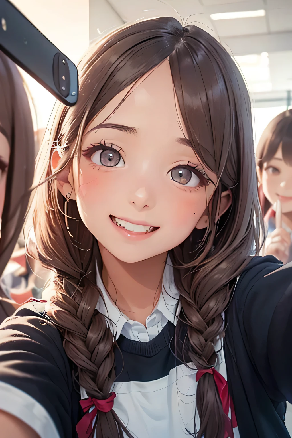 highest quality、High resolution、Detailed Background、(Beautiful face in every detail:1.4)、Anatomically correct、(Hide your fingers:1.3)、(Detailed facial expressions)、(Detailed eyes:1.2)、Teenage beauty、(Highly detailed face:1.4)、Cute hair colour、Braided twin tails、well-groomed eyebrows、Cute JK Uniform、Cute gestures、(Changing clothes in the fitting room)、In a joking manner、A big smile、(Three beautiful girls happily taking a selfie with their friends:1.5)