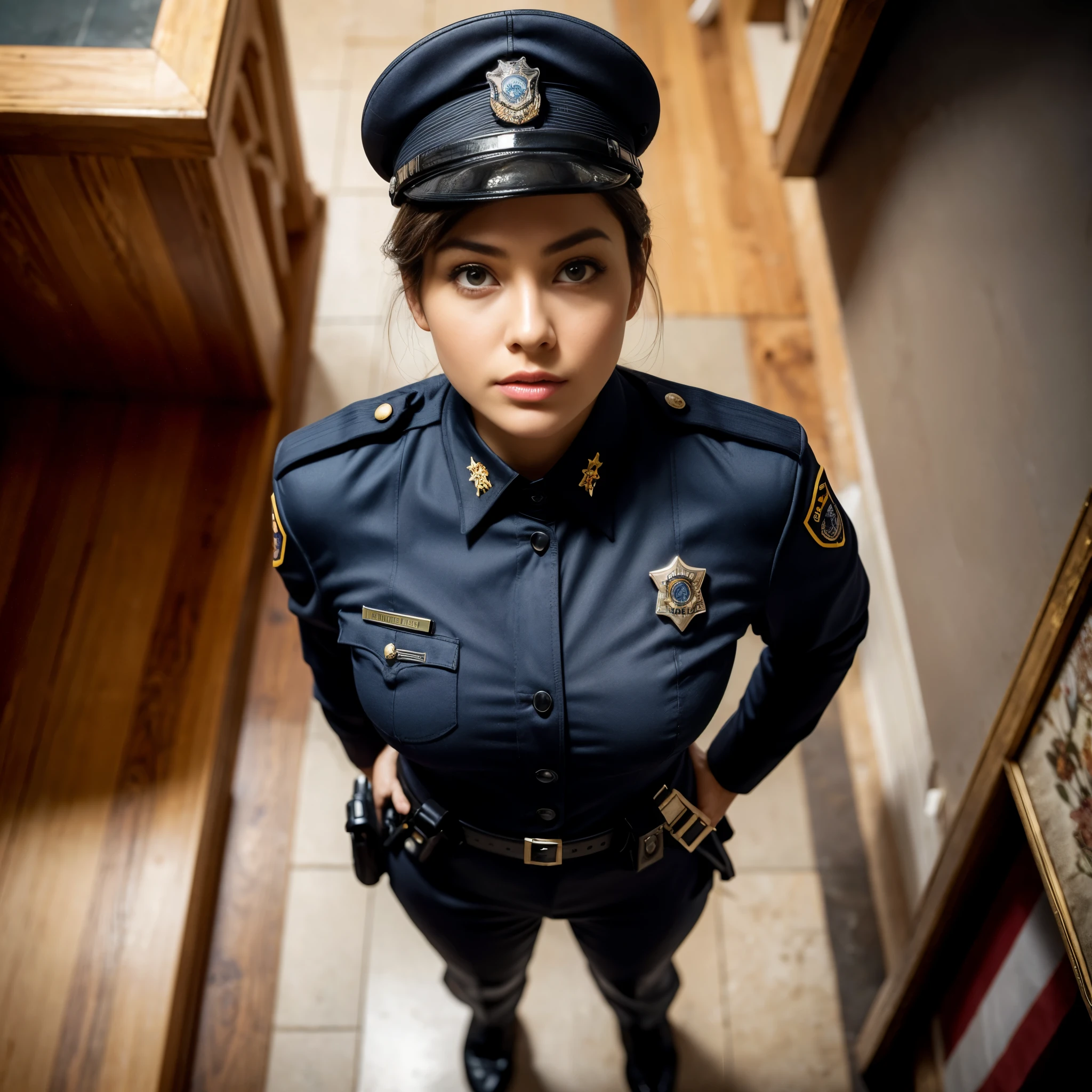 A policewoman, dressed as a policeman, cop suit, ordinance hat, stars, badge, handcuffs, gun, pants. (YES SFW).

Complete dressed, wearing uniform, sfw,
((full body)), ((well drawn anatomy)), good hands, high-res, perfect hands, top-quality, Photorealistic, A hyper-realistic, realistic hands, perfectly symmetrical face, detailed skin, 

vivid colours, wide angle lens, HDR, hard shadows, art photography, soft focus, masterpiece, breathtaking, atmospheric perspective, diffusion, pore correlation, skin imperfections, 80mm Sigma f2, depth of field, intricate natural red lighting, wide angle,

(Best quality, 8k, High Resolution, Masterpiece:1.2), ultra-detailed, (realistic, photorealistic, photo-realistic:1.37), ((Best quality)), ((Masterpiece)), (detailed), looking up from the bottom, (wide angle), (top_view_perspective:1.3), [photographing from above, high angle shot, realistic view from above, (Overhead view:1.20), top view, looking up from the bottom, (wide angle), (top_view_perspective:1.3)]