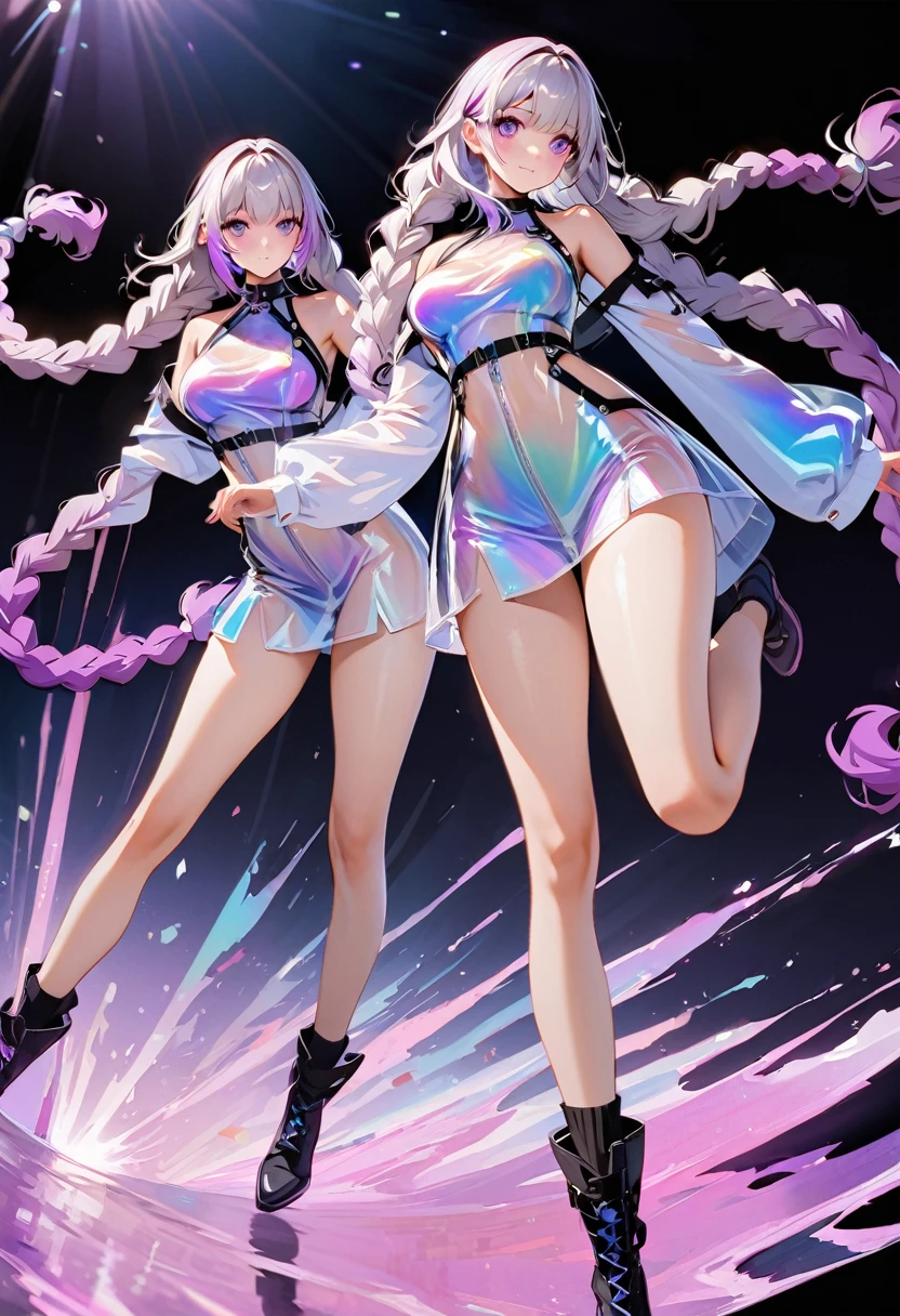 best quality,masterpiece, 2 girls jumping, yinji, purple hair, purple eyes, long hair, white hair, double braids, gradient hair, Refined and elegant, 3D Rendering, Transparent PVC clothing,Transparent colored vinyl garment,Prismatic,holographic,Chromatic Aberration,Fashion Illustration,looking at the audience,pixiv,movie lighting, Very detailed, Clear focus. (The background is a bustling city night scene) ,perfect work of art,