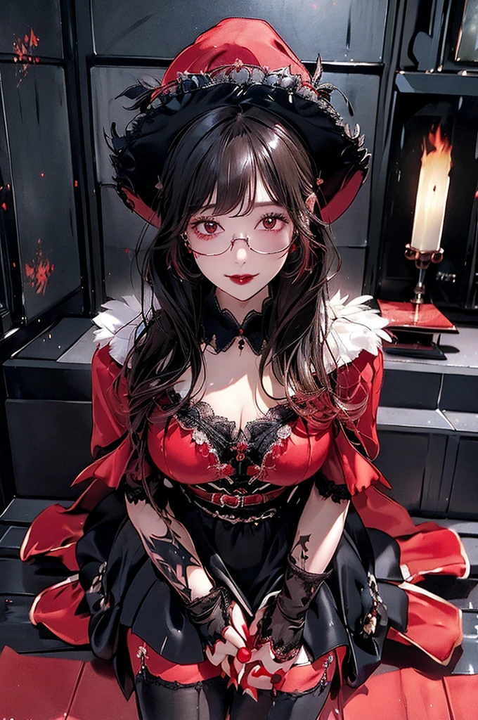 One woman、witch、((Luxurious room with fireplace))chandelier、((Crimson long dress))、Big feathered hat、Tall、Garter Stockings、Black underwear、(Sucking kissel)Fat body type ((Full body tattoos))((Highest quality))(Clear images)(Sit in a luxurious chair)Glasses、Long leather gloves、Curly Hair((Dark look))