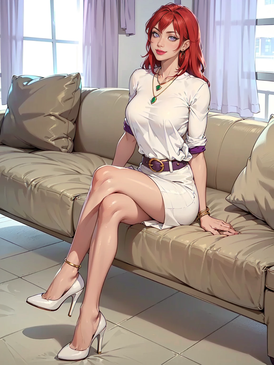  ((solo, 1woman, (TakashiroHiroko, dark purple eyes, red hair, long hair), lipstick, Extremely detailed, ambient soft lighting, 4k, perfect eyes, a perfect face, perfect lighting, a 1girl)), ((solo, (1woman, lipstick), Extremely detailed, ambient soft lighting, 4k, perfect eyes, a perfect face, perfect lighting, a 1girl)), , ((fitness,, shapely body, athletic body, toned body)), ((white shirt, white blouse, white belt, beige skirt, white high heels, gray sofa, windows in the background, apartment, gold jewelry, emerald earrings, bracelets, onyx necklace, rumpled clothes, shy smile))