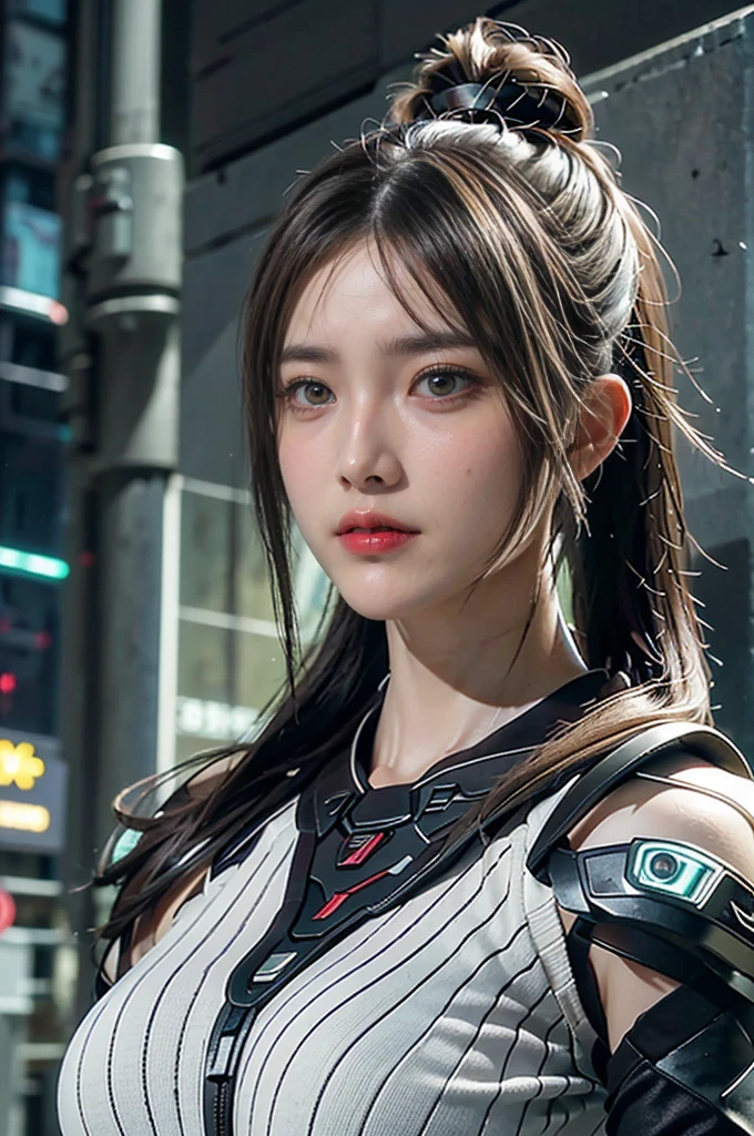 Game Art，Best picture quality，Maximum resolution，8K，((A bust photo))，((portrait))，(Rule of Thirds)，Unreal Engine 5 rendering works， (Future Girl)，(Female Warrior)，22-year-old girl，(Long hair casual)，(Future Style的军装，Beautiful eyes full of details)，(Large Breasts)，(Eyeshadow)，Elegant and charming，Smile，(frown)，(Clothes full of futuristic sci-fi style，sweater，Delicate pattern，Brilliant jewelry，armor，white and red)，Cyberpunk Characters，Future Style， Photo poses，Street background，light，Ray tracing，Game CG，((3D Unreal Engine))，oc rendering reflection pattern