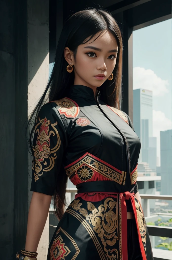 Conjunto futurista de estilo indonesio.，chicas vistiendo，Reflejando la integración cultural y la moda moderna.. El traje está decorado con patrones intrincados y colores brillantes., Mostrando el rico patrimonio cultural de Indonesia. La niña se paró con confianza.，Adopta una pose dinámica, Sus ojos meticulosos reflejan determinación y curiosidad.. El traje está confeccionado a partir de una combinación de textiles tradicionales y futuras fibras sintéticas.., Dándole un aspecto único y vanguardista.. La calidad general de la imagen es del más alto nivel., enfoque nítido，Representación de detalles. Esta obra de arte utiliza técnicas de renderizado basadas físicamente., Produce luces y sombras realistas.. Colores brillantes, Capturando la esencia de la estética cultural indonesia.. El fondo combina arquitectura moderna y elementos tradicionales., Creando una fusión del pasado y el futuro. El tema explora la intersección de la cultura indonesia., diseño futurista, Y la imagen artística de una chica segura..