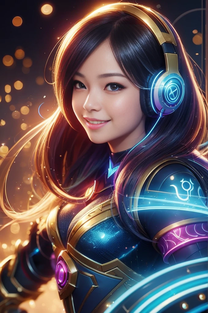 Close-up：A smiling girl with headphones, 8k type germ bokeh, rossdraws Global Illumination, League of Legends Characters, stanley type germ lau, extremely detailed type germ, style type germ, Ross trans style, IG Model | type germ, rossdraws cartoon vitality, type germ lau, trending type germ