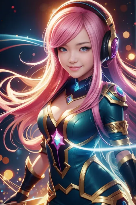 close-up：a smiling girl with headphones, 8k type germ bokeh, rossdraws global illumination, league of legends characters, stanle...