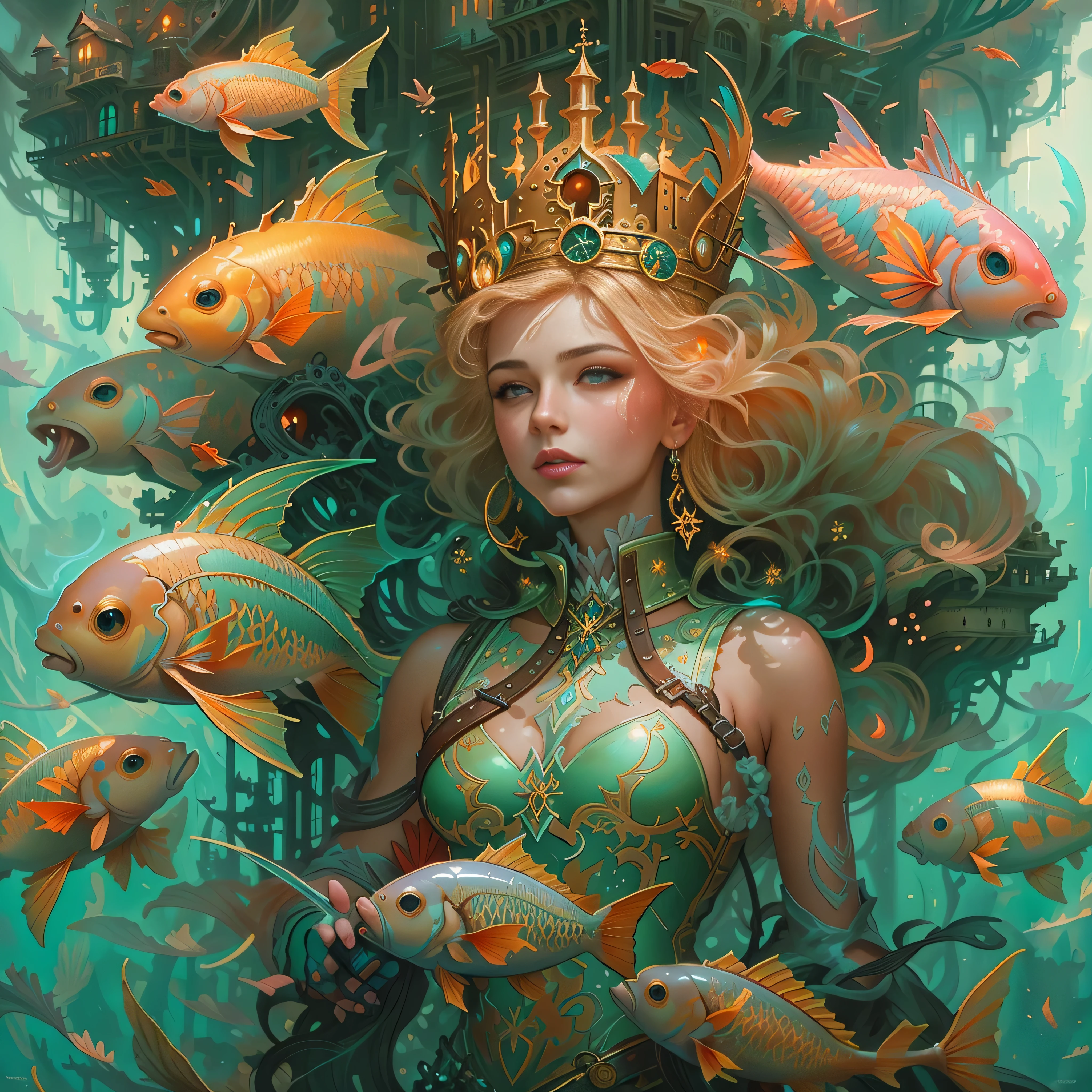 傑作，（（遠處的城堡：1.4，）），夢幻般的水下城市。（海底的美人魚女王，金色的头发，珊瑚礁戴在頭上，美麗明亮的眼睛），被魚包圍, 很多魚，魚群向她遊來，珊瑚礁，氣泡，水下施工，和芒福德·湯姆·巴格肖, 只是个玩笑, 奇幻藝術行為, 莫爾巴赫, 奇幻藝術風格, 詳細的幻想插畫, 一幅美丽的艺术插图, 幻想藝術插畫, style of peter 莫爾巴赫, peter 莫爾巴赫''，官方藝術美學，