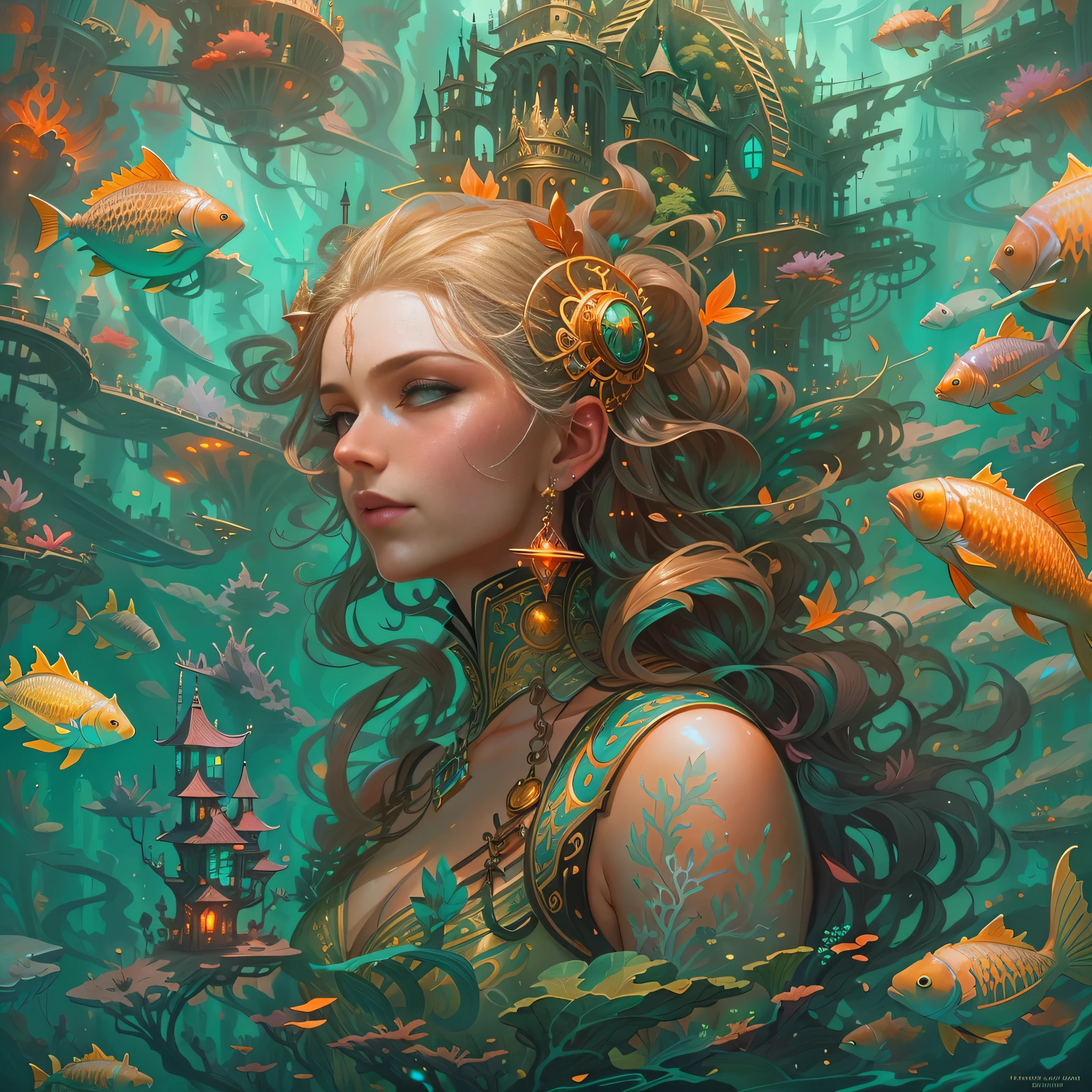 tmasterpiece，（（castle in distance：1.4，）），Fantastic underwater city。（Queen of mermaids under the sea，Golden hair，The coral reef is worn on his head，Beautiful bright eyes），surrounded with fishes, Lots of fish，Schools of fish swam towards her，the reef，airbubble，Underwater construction，dan mumford tom bagshaw, jen bartel, Fantasy art Behance, mohrbacher, Fantasy art style, Detailed fantasy illustration, A beautiful artwork illustration, fantasy art illustration, style of peter mohrbacher, peter mohrbacher''，Official artistic aesthetics，
