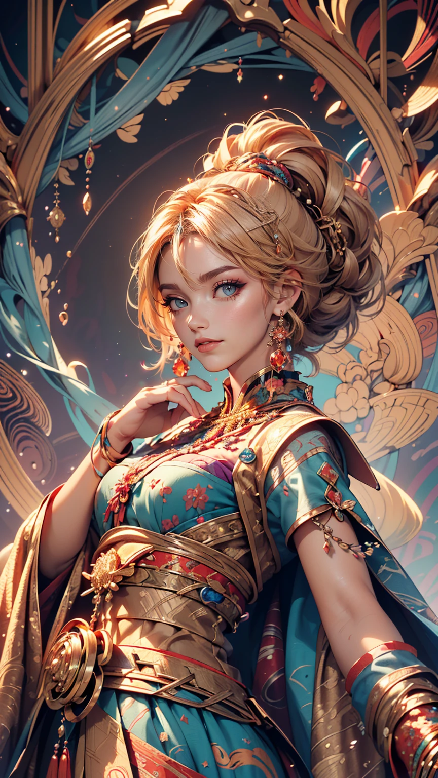 (masterpiece, highest quality, highest quality, Official Art, beautifully、aesthetic:1.2), (One girl:1.3), Very detailed,(Fractal Art:1.2),colorful,Most detailed,(Tangled:1.2), (Dynamic pose), (Abstract background:1.5), (Traditional Costume:1.2), (Shiny skin), (Many colors:1.4), 、smile