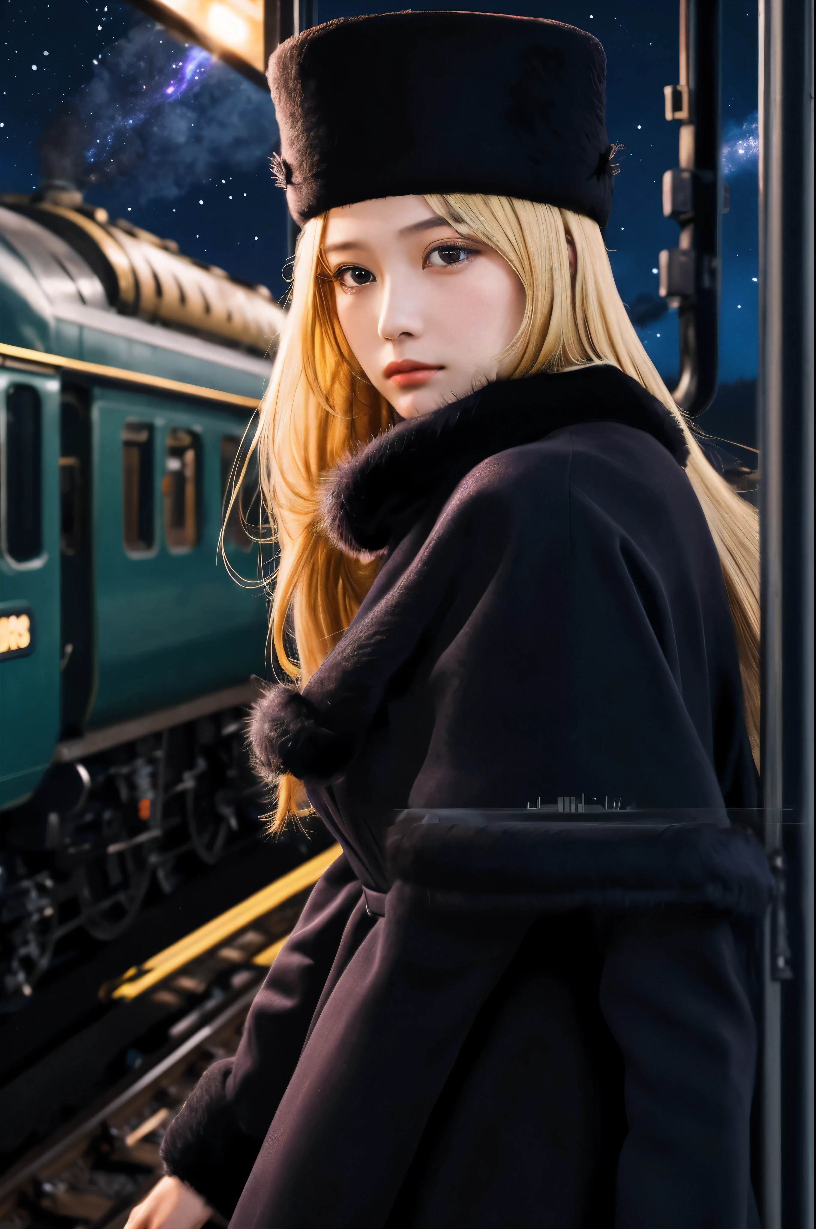 highest quality, Super quality,, RAW Photos, Realistic, Incredibly absurd, Very detailed, delicate, Flashy and dynamic depiction, Galaxy Express 999, Material, Long Hair, Blonde Hair, Fur trim, Black Hat, Fur has, dress, Dynamic Angle、Beautiful and cool woman, sad, Fleeting, Melancholic expression, Sharp eyes, Sharp Face, Slender and perfect proportions, Tight waist, Long eyelashes, Detailed pupil, Detailed skin texture, Background Galaxy, night, Station platform, Steam locomotive station, luggage