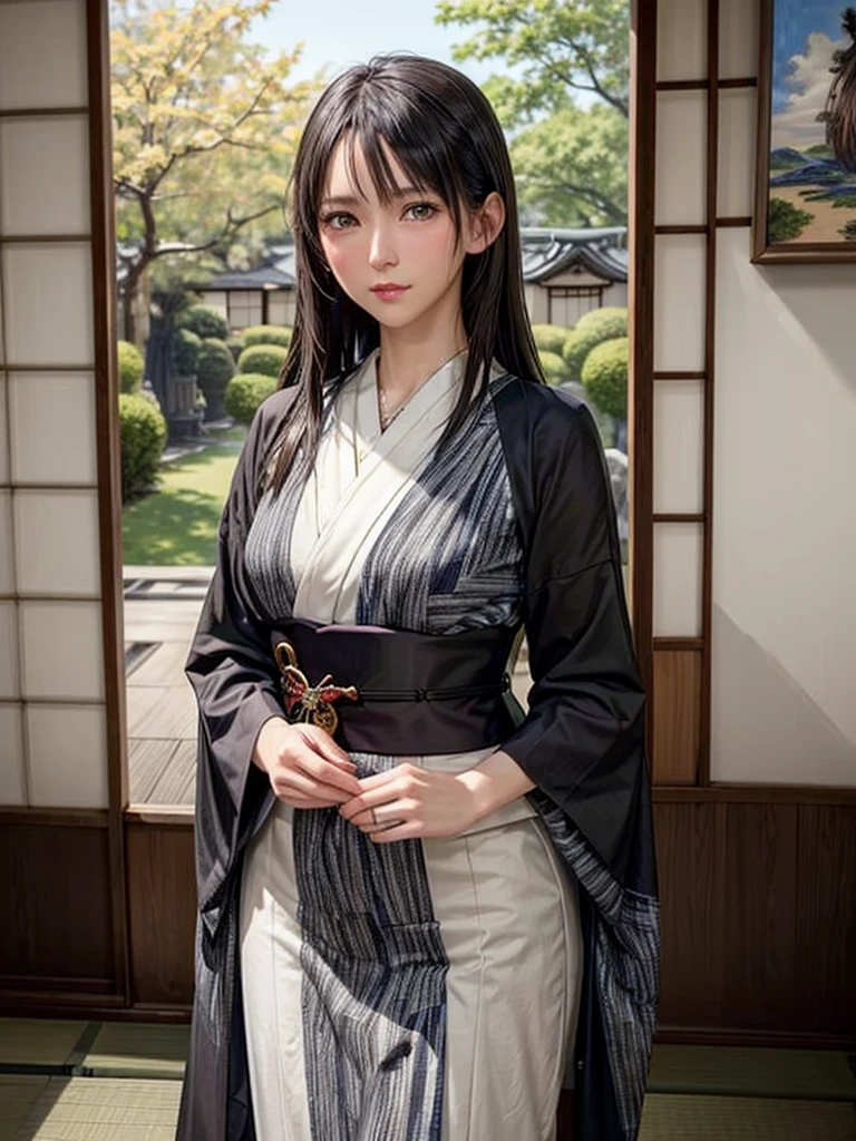 (highest quality、8k、32k、masterpiece)、(masterpiece, up to date,Exceptional:1.2), Anime, One girl,Front hair,black_hair, Beautiful 8k eyes,Looking_in_Audience,One person in,Are standing,((Very beautiful woman, Fuller lips, Japanese pintern kimono))、((Colorful Japanese kimono)))、(((Medium Shot)))、Blunt bung、(High resolution)、Very beautiful face and eyes、1 girl 、Round and small face、Narrow waist、delicine body、(highest quality high detail Rich skin details)、(highest quality、8k、Oil paints:1.2)、Very detailed、(Realistic、Realistic:1.37)、Bright colors、(((blackhair)))、(((longhair)))、(((cowboy pictures)))、((( Inside an old Japanese house)))、(masterpiece, highest quality, highest quality, Official Art, beautifully、aesthetic:1.2), (One girl), Very detailedな,(Fractal Art:1.3),colorful,Most detailed,Sengoku period(High resolution)、Very beautiful face and eyes、1 girl 、Round and small face、Tight waist、Delicine body、(highest quality high detail Rich skin details)、(highest quality、8k、Oil paints:1.2)、(Realistic、Realistic:1.37)、Greg Rutkowski Written by Alphonse Mucha Ropp, sun lips