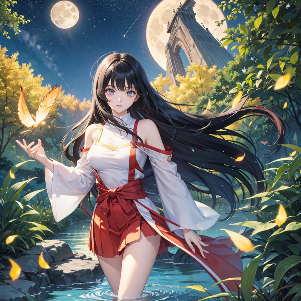 anime、Vibrant colors、Cool beauty、17 years old、Black Hair、Long Hair、Straight Hair、The bangs are cut above the eyebrows、Narrow eyes、Slanted Eyes、Bright eyes、Sharp Eyes、Sparkling eyes、Large Breasts、Night Sky、full moon、Looking up at the sky、Miko costume、summer、forest、river、100 fireflies flying around