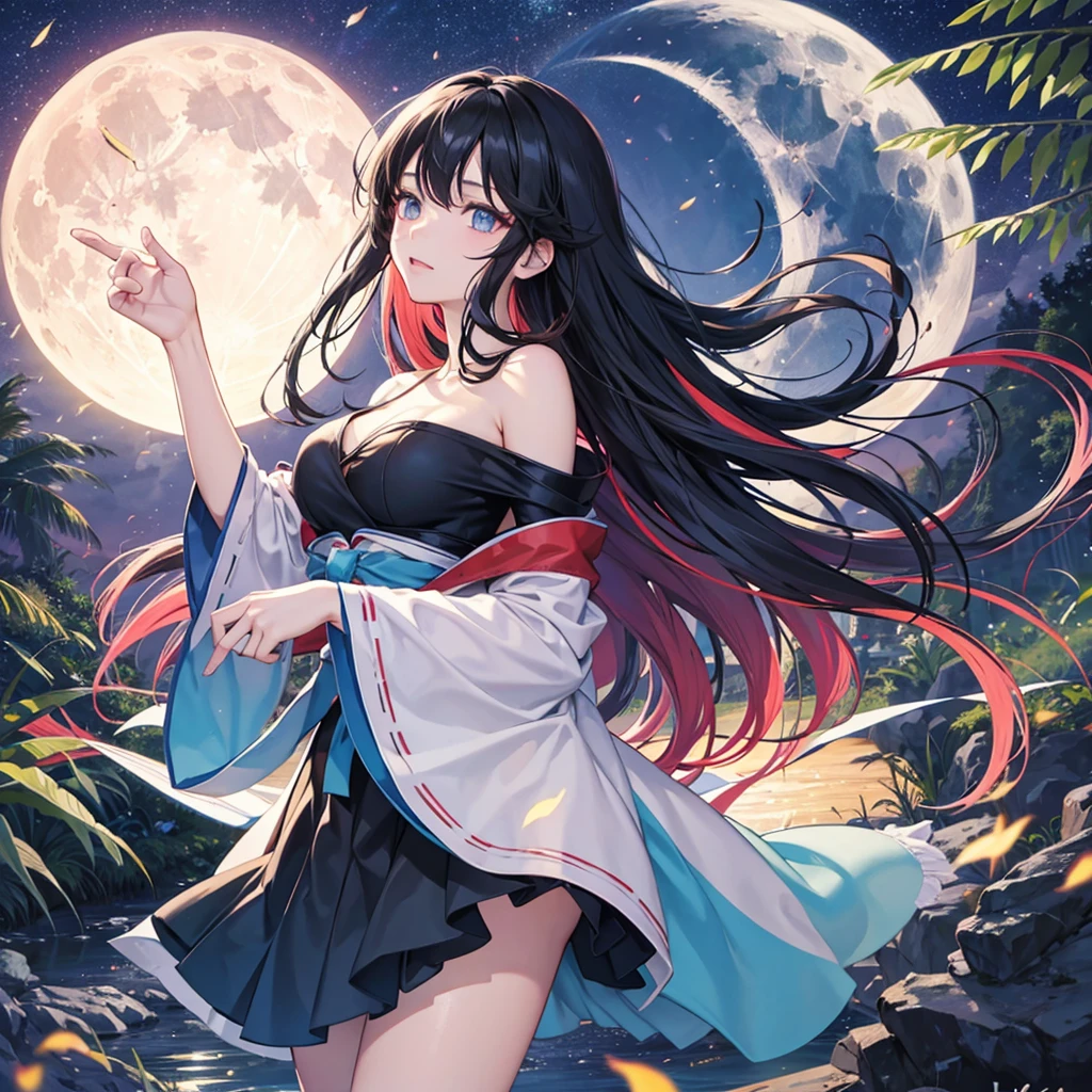 anime、Vibrant colors、Cool beauty、27 years old、Black Hair、Long Hair、Straight Hair、The bangs are cut above the eyebrows、Narrow eyes、Slanted Eyes、Bright eyes、Sharp Eyes、Sparkling eyes、Large Breasts、Night Sky、full moon、Looking up at the sky、Miko costume、summer、forest、river、100 fireflies flying around