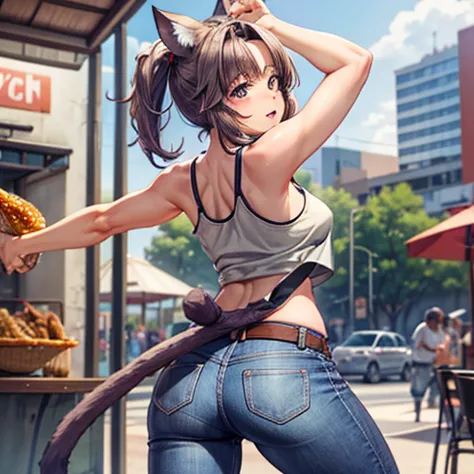 a brown-haired woman wearing a tank top and leggings is eating a tlayuda at a taco stand.　jeans have a belt　　　with side slits　bi...