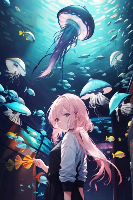 jellyfish、光るjellyfish、aquarium、tropical fish、colorfulな魚、girl、in the water、spreading hair、aquarium、light pink transparent hair co...