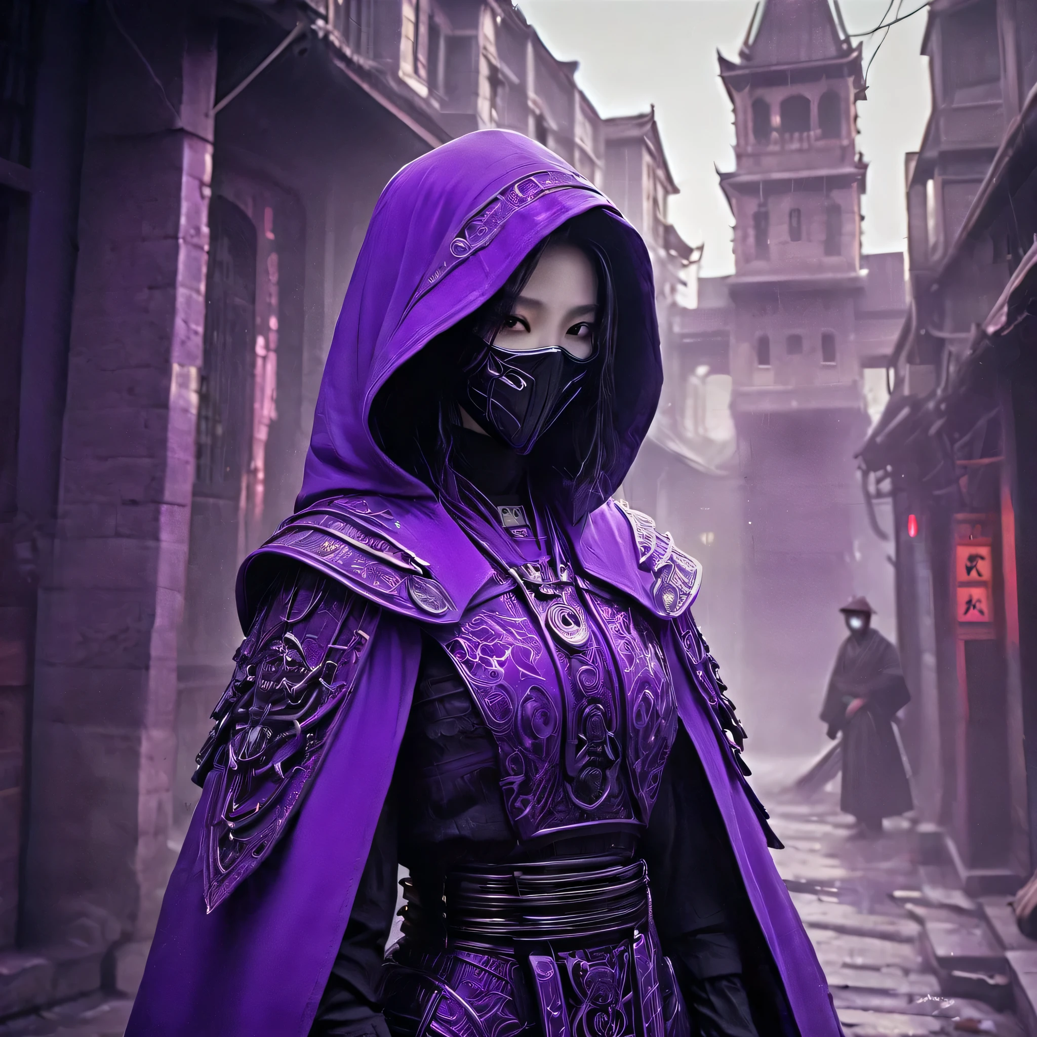 Image Arafed d&#39;une personne portant des vêtements violets fluorescents et un masque, très beau samouraï cyberpunk, gothique - cyberpunk, cyberpunk orthodoxe, cyberpunk rococo, ornamental gothique - cyberpunk, magnifique cosplay, Cyberpunk occulte, Mystérieux cyborg post-apocalyptique, Ange steampunk, personnages fantastiques ultra détaillés, Esthétique steampunk, style fantastique steampunk, gothique japonais, Hypergothique, Belle femelle Faucheuse、L&#39;ancienne capitale est le décor