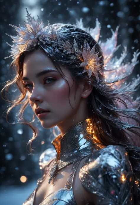 liquid metal, stunning cinematic full body visual of a frozen mercury lily snowy landscape with crystal snow falling from the sk...