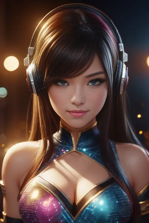 a close up of a girl with headphones on smiling, 8k artgerm bokeh, rossdraws global illumination, league of legends character, s...