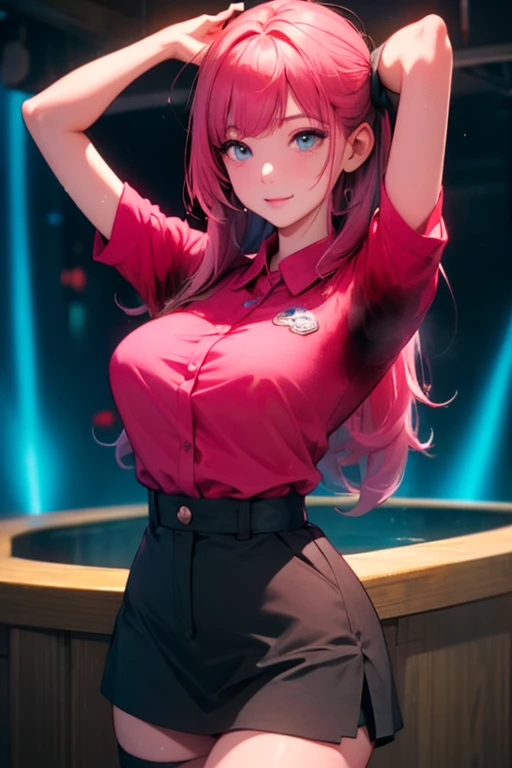 NSFW、The best texture, high quality, Ultra HD, 8k, Full body photo, Panoramic Photos, Highly detailed face, Very detailed, High detail, Ultra Clear,black and pink hair、Twin tails、Pink Shirt、Black Skirt、Black knee socks、Big Breasts、((Nightclub))、(Body odor)、A lot of guys、(Having my breasts massaged)、Leg spread、drinking champagne、((Sweat))、smile、Masturbation