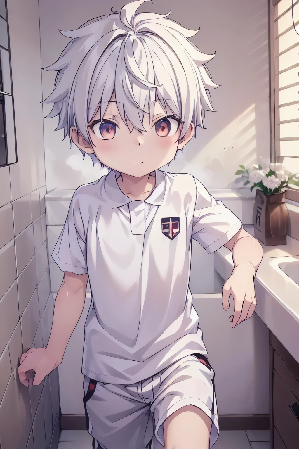 Anime boy in white uniform standing in a bathroom next to a sink - SeaArt AI