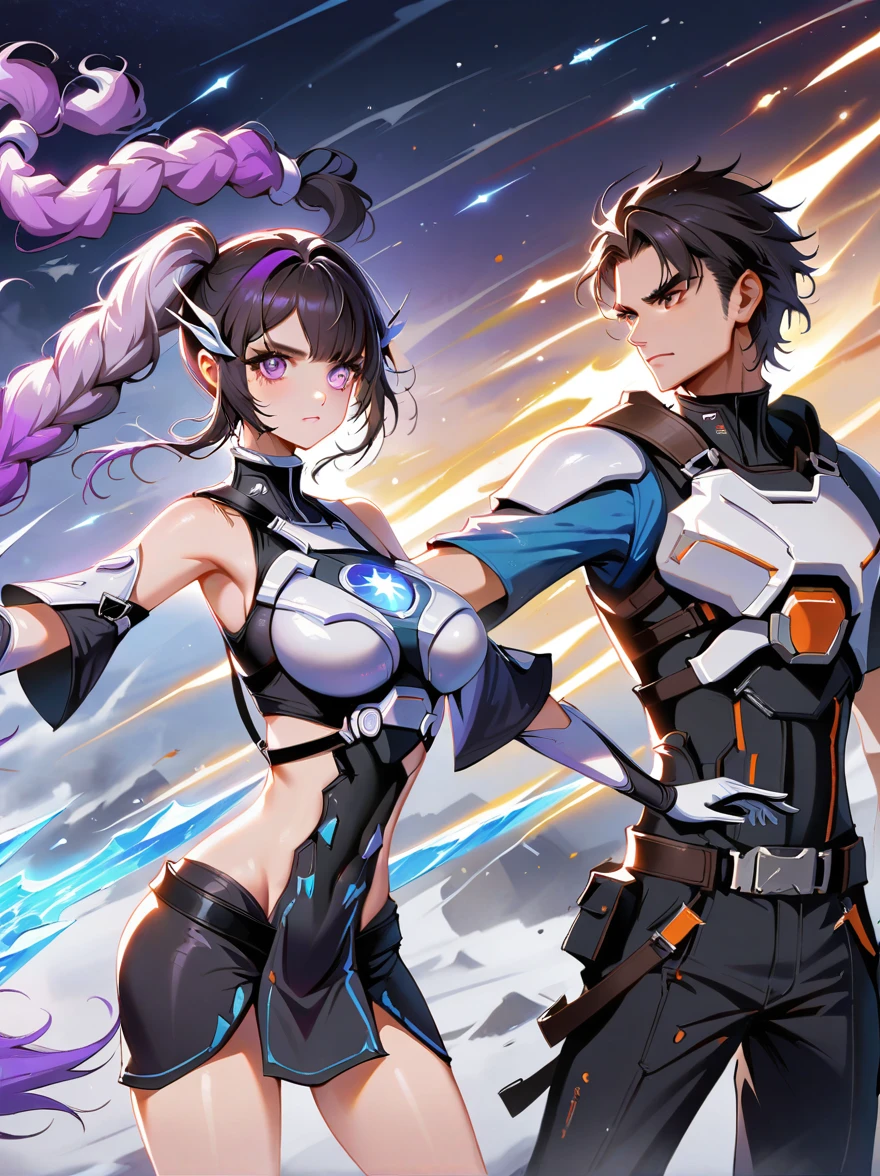(Vision:1.4)，yinji, Two people，(An epic battle between ice and fire warriors), Fight with a sword, (1 girl has purple and white gradient double ponytail long hair:1.3), snowstorm, Starry sky vortex background，Gorgeous Starlight，Separate art，Star Wars, (BREAK 1 Boys Short Black Hair，Wearing futuristic armor:1.5)，anatomically correct:1.5, Knee Shot, 1yj1