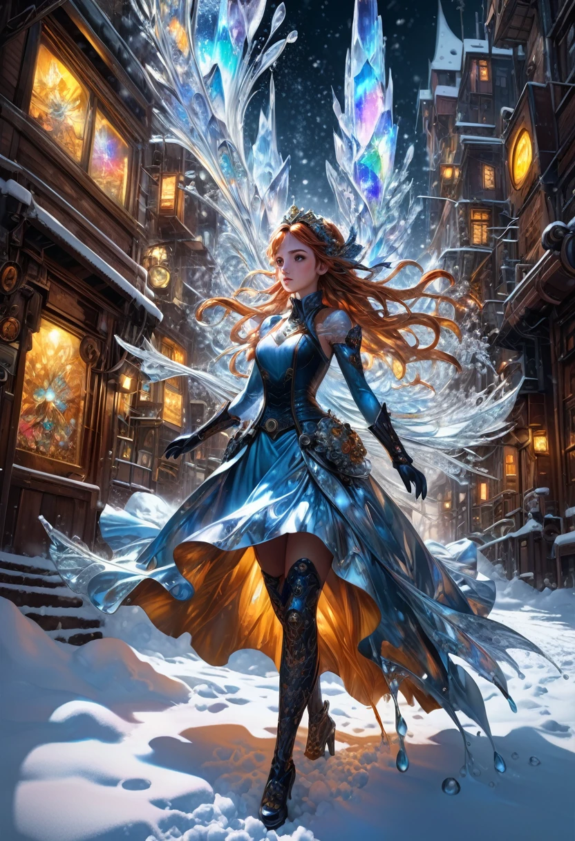 Liquid Metal, stunning cinematic full body visual of a frozen mercury lily snowy landscape with crystal snow falling from the sky but it's made of Circuitry fantasy liquid metal wave street with a metal firefly shining, Hyperrealistic, steampunk, splash art, concept art, mid shot, intricately detailed, color depth, dramatic, 2/3 face angle, side light, colorful background