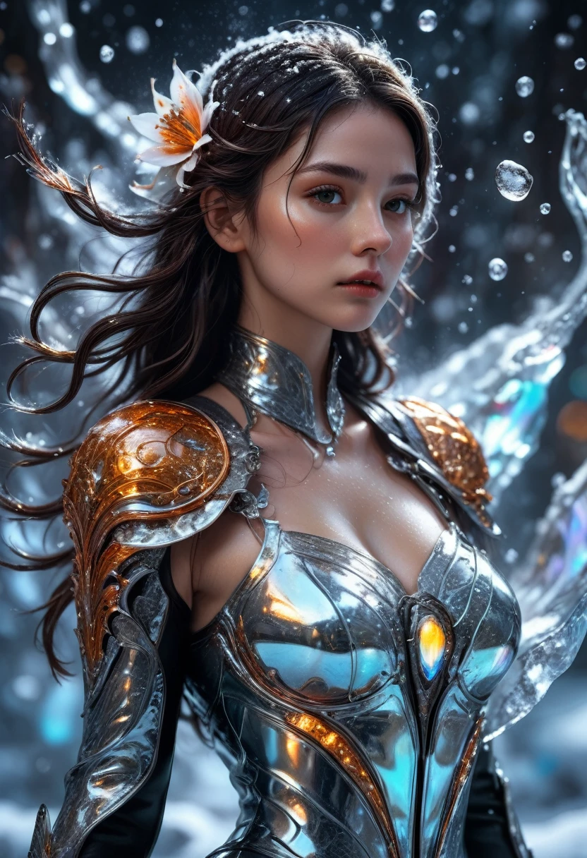 Liquid Metal, stunning cinematic full body visual of a frozen mercury lily snowy landscape with crystal snow falling from the sky but it's made of Circuitry fantasy liquid metal wave street with a metal firefly shining, Hyperrealistic, steampunk, splash art, concept art, mid shot, intricately detailed, color depth, dramatic, 2/3 face angle, side light, colorful background