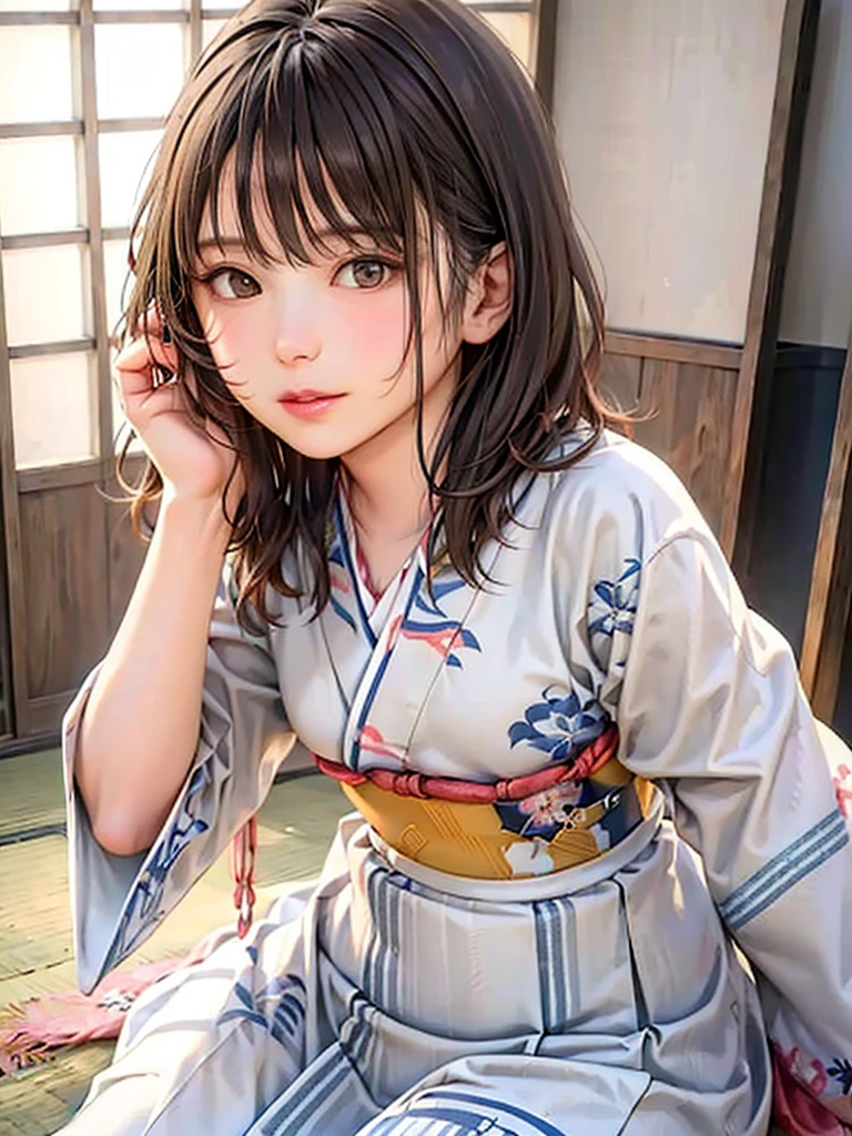 (highest quality、8k、32k、masterpiece)、(masterpiece, up to date,Exceptional:1.2), Anime, One girl,Front hair,black_hair, Beautiful 8k eyes,Looking_in_Audience,One person in,Are standing,((Very beautiful woman, Fuller lips, Japanese pintern kimono))、((Colorful Japanese kimono)))、(((Medium Shot)))、Blunt bung、(High resolution)、Very beautiful face and eyes、1 girl 、Round and small face、Narrow waist、delicine body、(highest quality high detail Rich skin details)、(highest quality、8k、Oil paints:1.2)、Very detailed、(Realistic、Realistic:1.37)、Bright colors、(((blackhair)))、(((longhair)))、(((cowboy pictures)))、((( Inside an old Japanese house)))、(masterpiece, highest quality, highest quality, Official Art, beautifully、aesthetic:1.2), (One girl), Very detailedな,(Fractal Art:1.3),colorful,Most detailed,Sengoku period(High resolution)、Very beautiful face and eyes、1 girl 、Round and small face、Tight waist、Delicine body、(highest quality high detail Rich skin details)、(highest quality、8k、Oil paints:1.2)、(Realistic、Realistic:1.37)、Greg Rutkowski Written by Alphonse Mucha Ropp, sun lips
