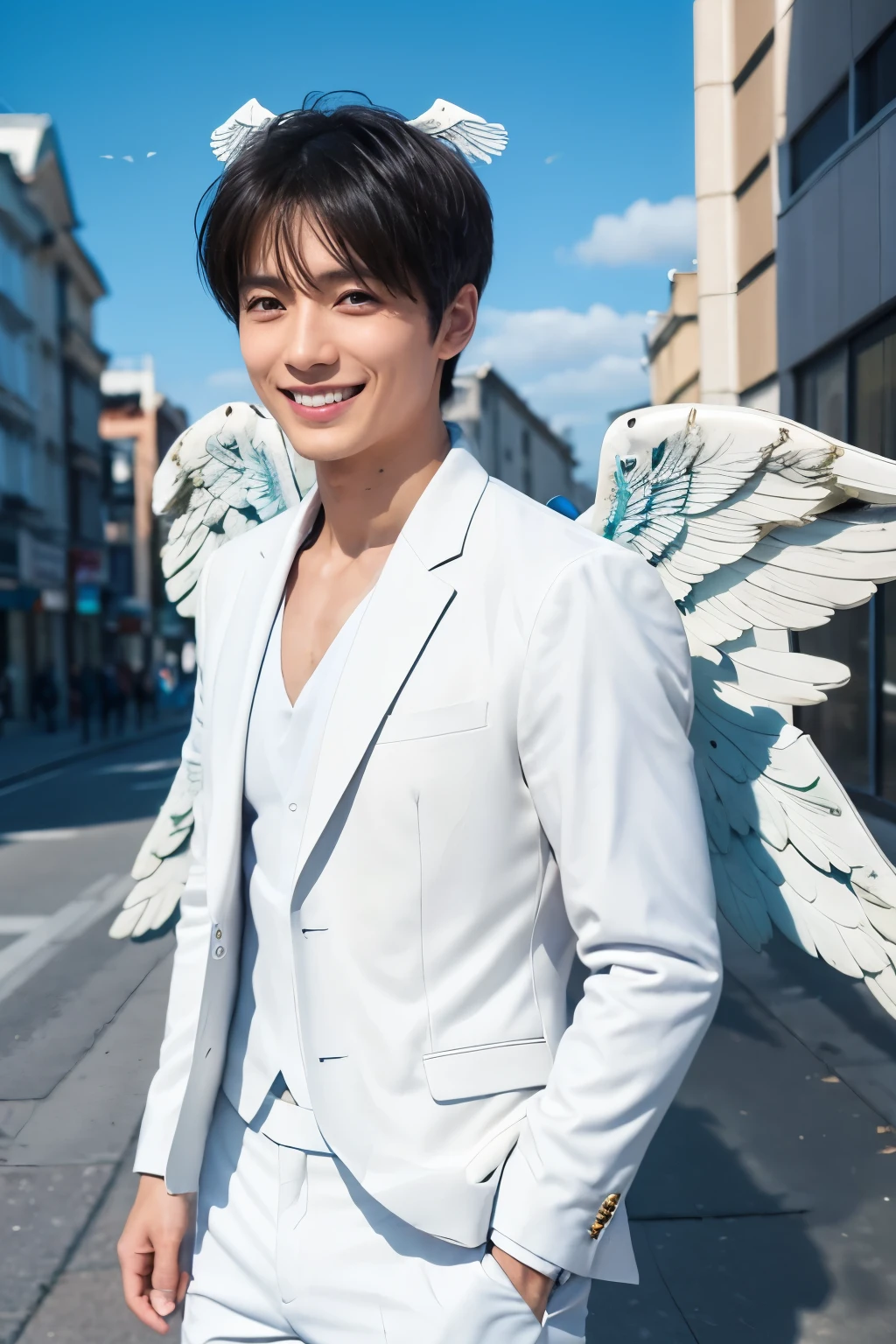 masterpiece, The best quality at its best, 1peopleの男の子, アジアpeople男性, 東アジアpeople, people, Muscles are balanced, (((White Wings:1.5)))、Short Hair Details，With a smile, White teeth, Blue striped suit, Street Background, Realistic Style，photograph，Viewed from the front, Displaying the viewer，Above the Clouds、blue sky