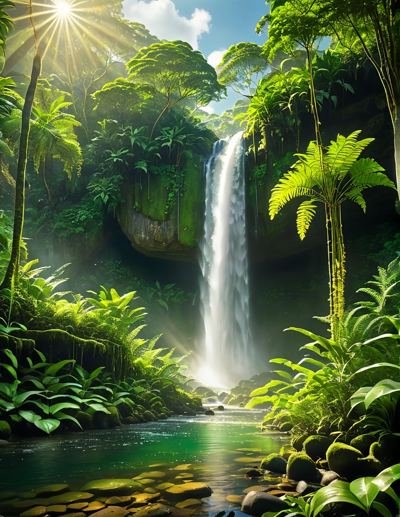 In the heart of an Indonesian rainforest, a serene waterfall cascades gracefully, its crystal-clear waters reflecting the dappled sunlight filtering through the lush canopy above. The river meanders gently through the verdant landscape, its surface shimmering with golden hues. Towering trees stand sentinel, their emerald leaves whispering secrets of the ancient forest. In this cinematic setting, every ray of light is meticulously captured, rendering the scene with breathtaking realism in high definition. With the precision of studio photography and the power of octane render, every detail, from the delicate ferns to the moss-covered rocks, is brought to life, inviting viewers to immerse themselves in this pristine wilderness.