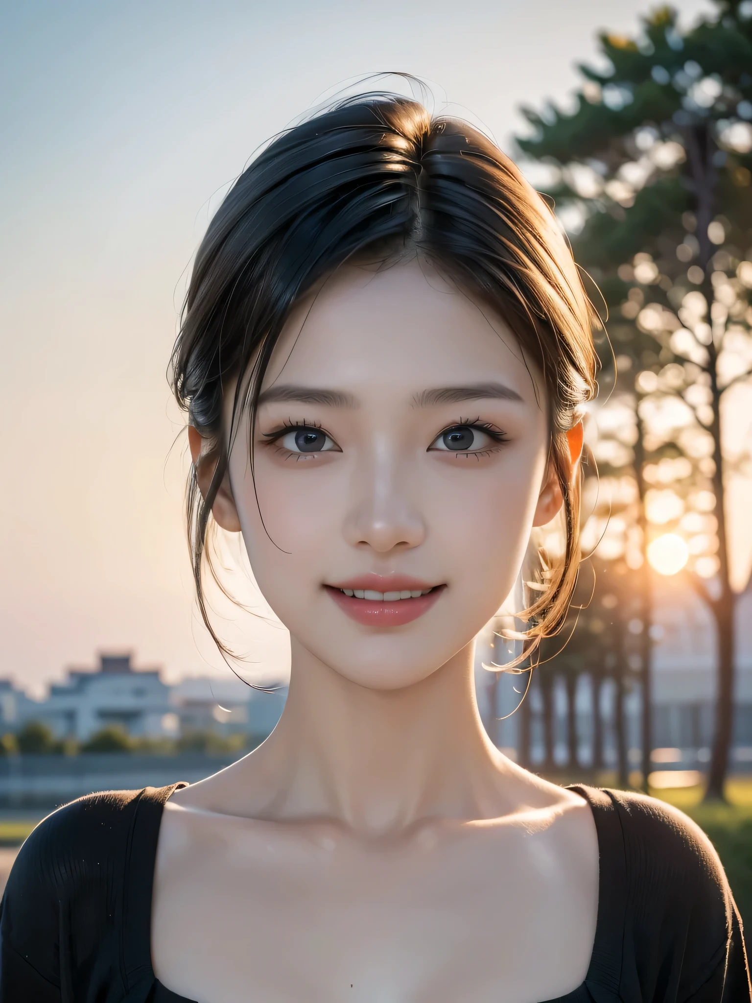 (highest quality,masterpiece:1.3,Ultra-high resolution),(Very detailed,8k), (Realistic:1.4, RAW shooting),Sunset sky,Japanese,17 years old,smile,Black Short Hair,Black Shirt,Bust up shot,Face Focus,Face close-up,Natural light,Illuminate from below,Professional Lighting