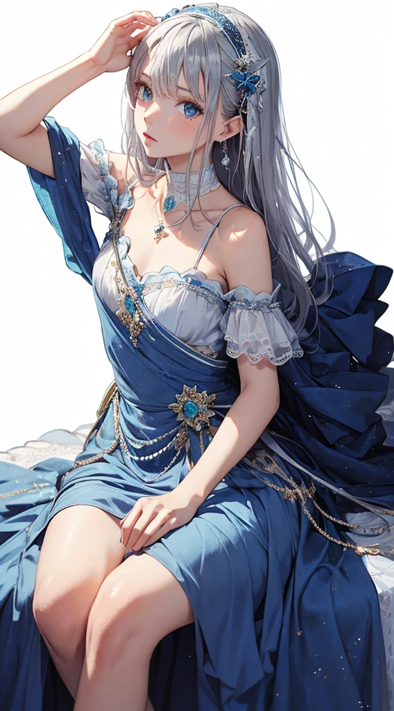 (masterpiece),(highest quality:1.2),(Perfect Anatomy),Exquisite detail,((1 Girl)),Long silver hair,((Flat Chest)),Beautiful and exquisite blue eyes,Royal blue long dress,Aqua blue shawl draped over shoulders,Blue Footprints,(White background)